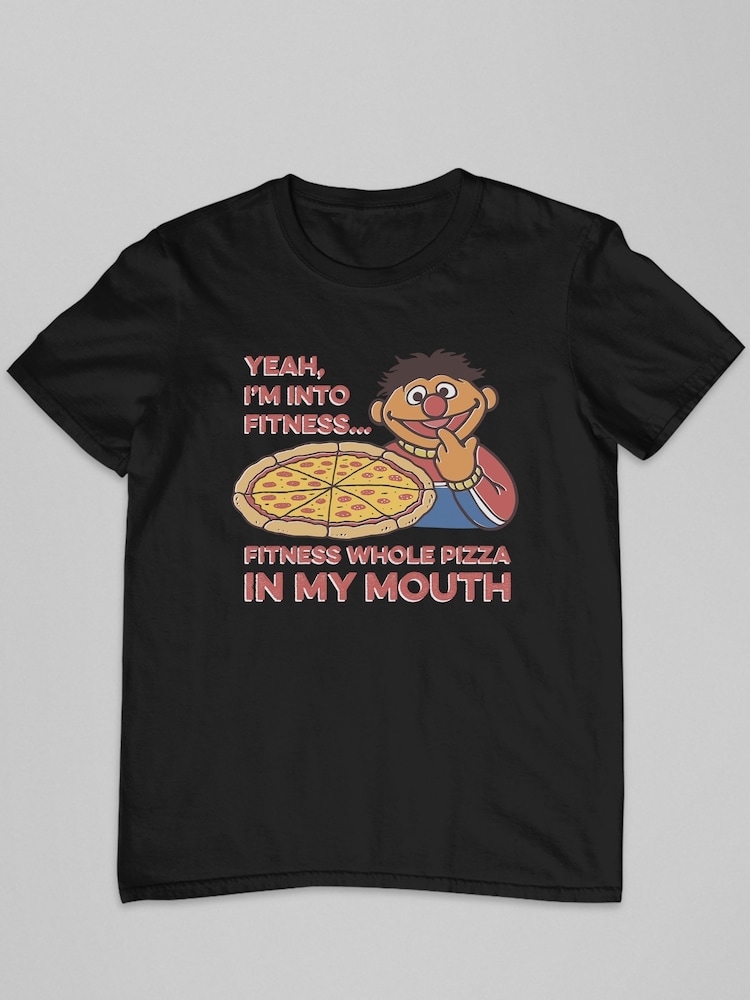 All + Every Black Sesame Street Fitness Pizza Mens 100% Cotton T-Shirt - Image 2 of 3