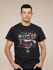 All + Every Black Route 66 US Flag & Motorcycle Mens 100% Cotton T-Shirt - Image 1 of 3