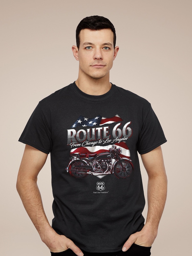 All + Every Black Route 66 US Flag & Motorcycle Mens 100% Cotton T-Shirt - Image 1 of 3