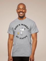 All + Every Grey Peanuts Snoopy And Woodstock Running Dont Worry Be Happy Mens T-Shirt - Image 1 of 3