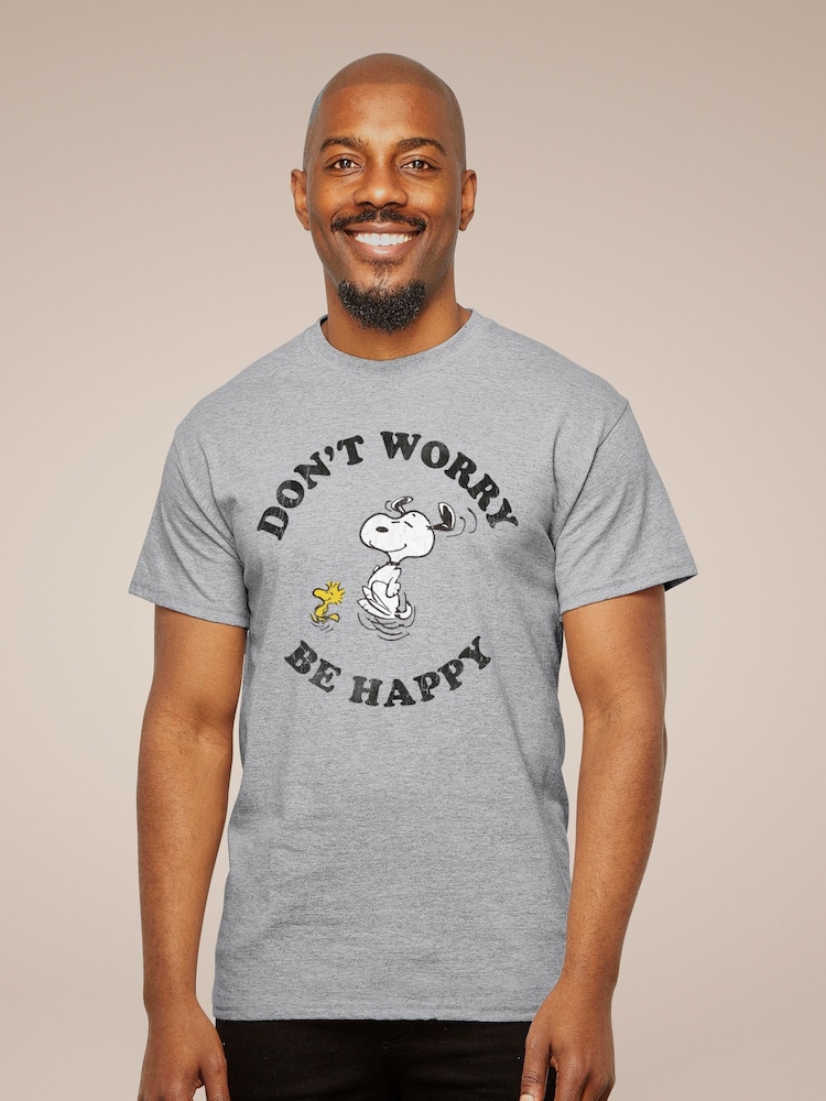 All + Every Grey Peanuts Snoopy And Woodstock Running Dont Worry Be Happy Mens T-Shirt - Image 1 of 3