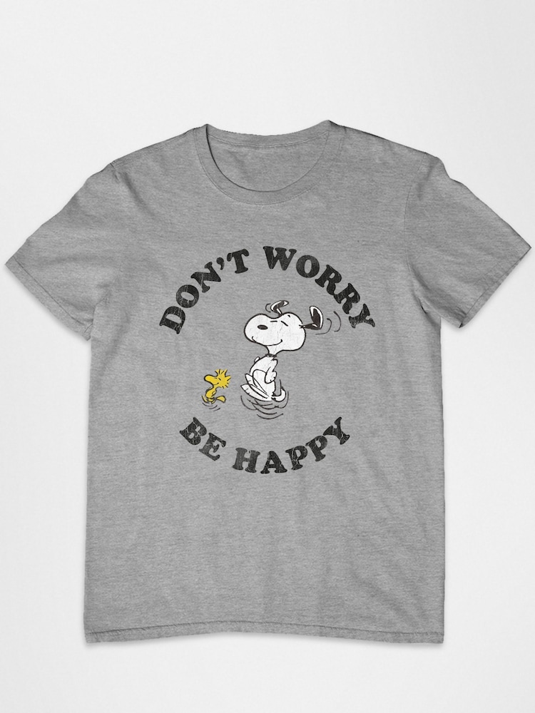 All + Every Grey Peanuts Snoopy And Woodstock Running Dont Worry Be Happy Mens T-Shirt - Image 2 of 3