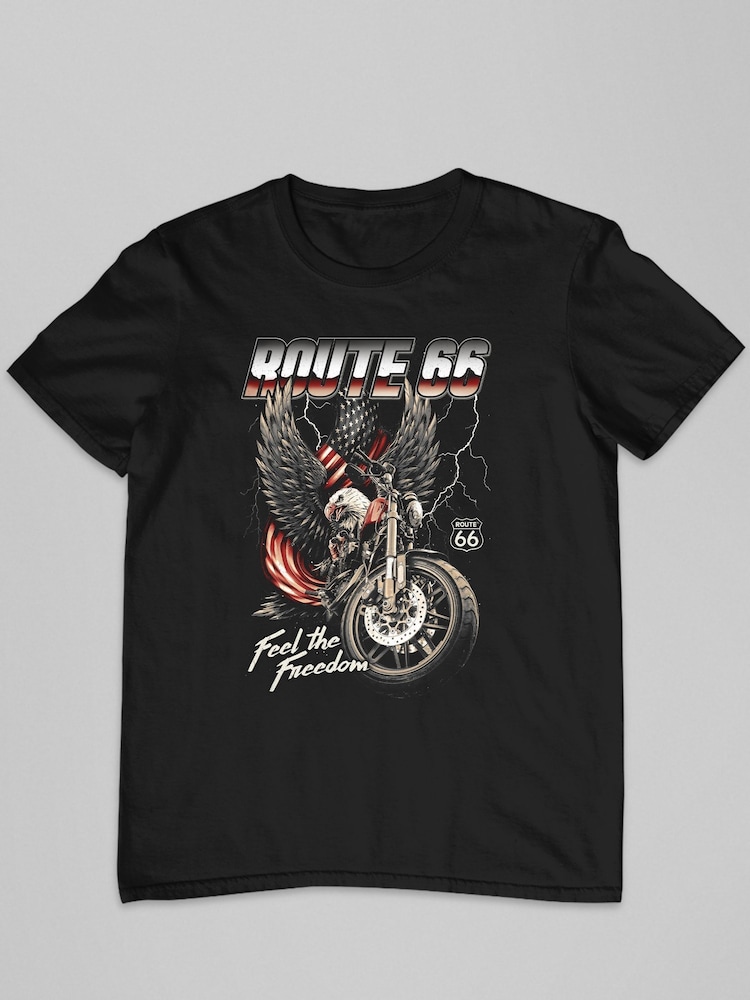 All + Every Black Route 66 Eagle Feel The Freedom Mens 100% Cotton T-Shirt - Image 2 of 3