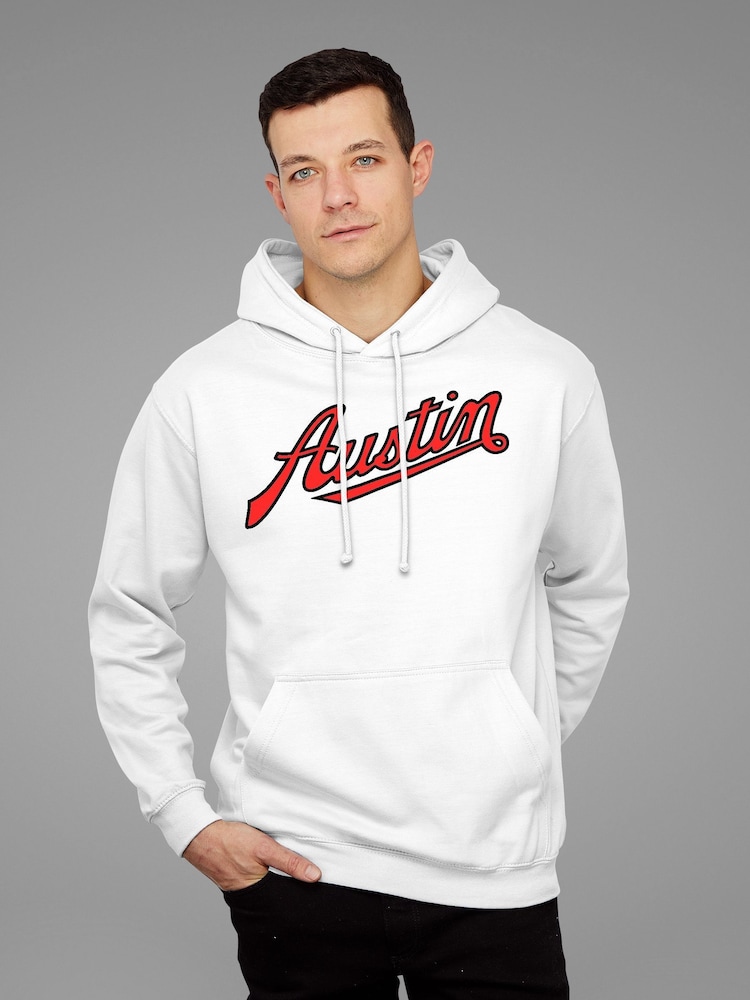 All + Every White Austin Logo British Motor Heritage Mens Hooded Sweatshirt - Image 1 of 3