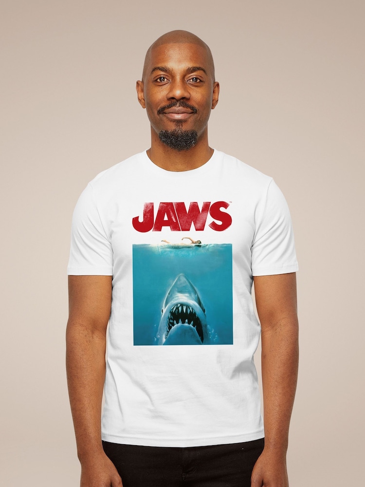 All + Every White Mens 100% Cotton Jaws Classic Poster T-Shirt - Image 1 of 3