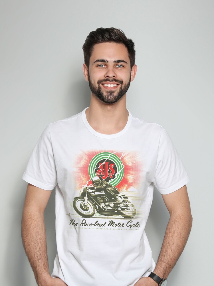 All + Every White Mens 100% Cotton History Of Advertising AJS Motorcycles 1960s Ad T-Shirt - Image 1 of 3