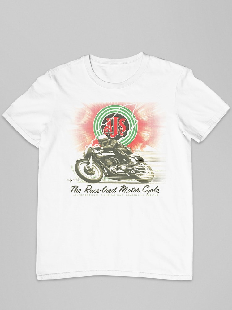 All + Every White Mens 100% Cotton History Of Advertising AJS Motorcycles 1960s Ad T-Shirt - Image 2 of 3