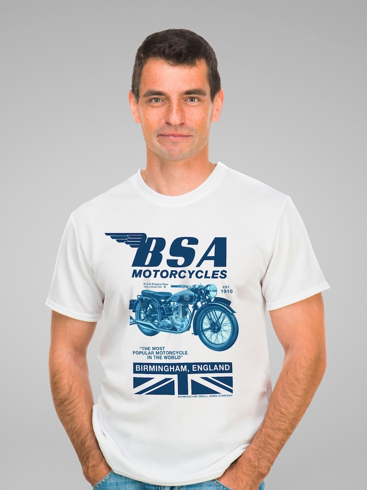 All + Every White BSA Mens Motorcycles Birmingham England 100% Cotton T-Shirt - Image 1 of 3 All + Every White BSA Mens Motorcycles Birmingham England 100% Cotton T-Shirt - Image 1 of 3