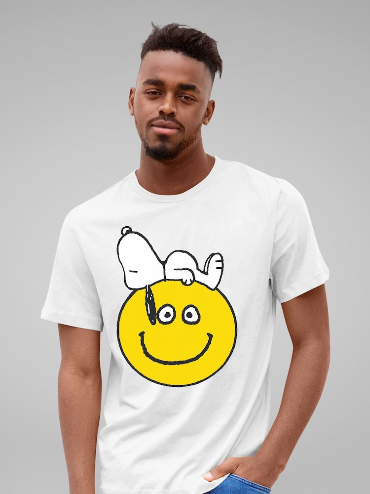 All + Every White Peanuts Snoopy Lying On A Smiley Face Mens 100% Cotton T-Shirt - Image 1 of 3