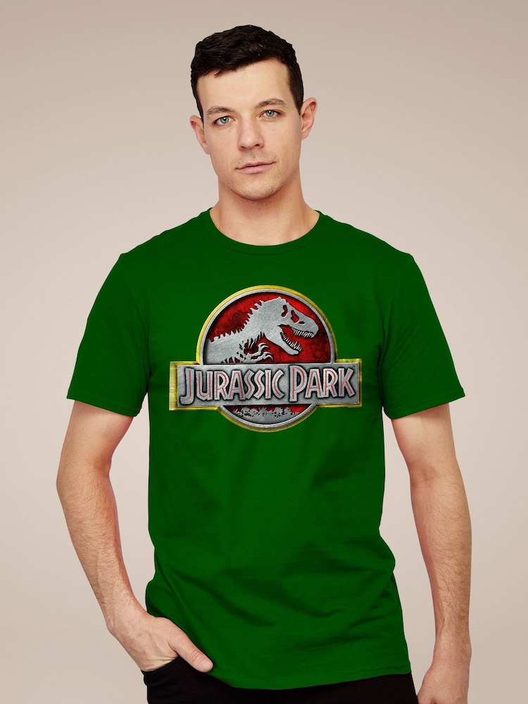 All + Every Green Jurassic Park Yellow Outline Classic Logo Mens 100% Cotton T-Shirt - Image 1 of 3