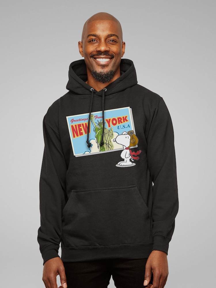 All + Every Black Peanuts Snoopy New York Postcard Design Mens Hooded Sweatshirt - Image 1 of 3