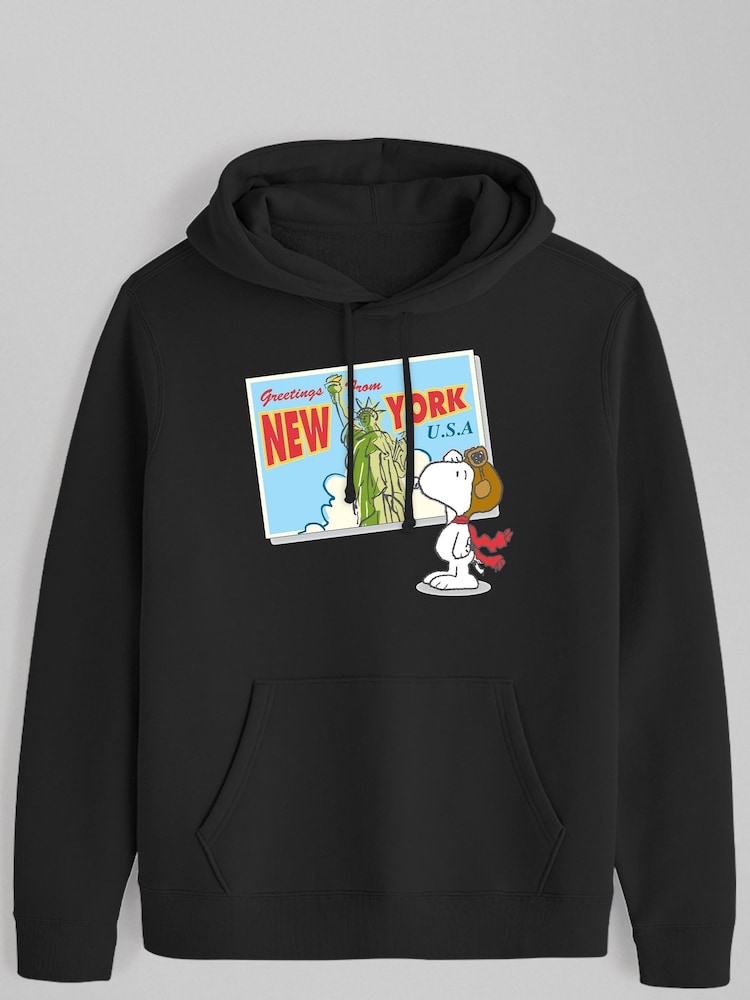 All + Every Black Peanuts Snoopy New York Postcard Design Mens Hooded Sweatshirt - Image 2 of 3