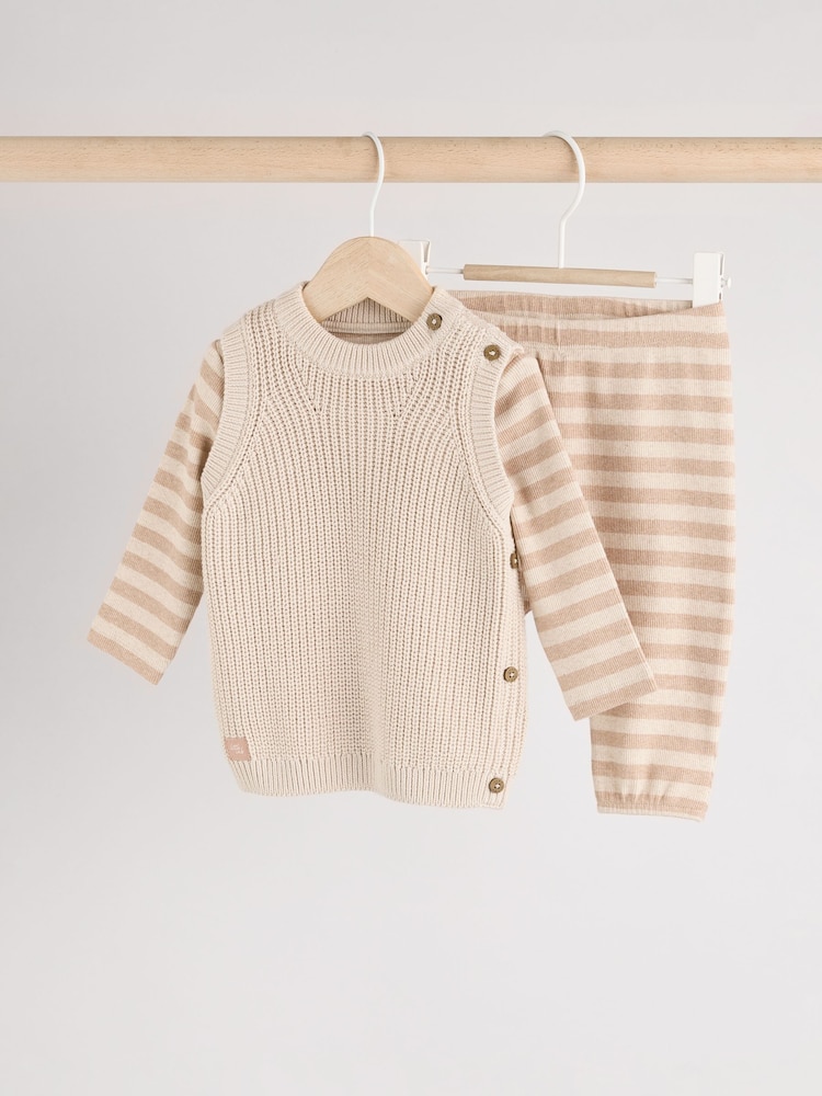 Neutral Stripe Baby Knit 100% Cotton Vest Set 3 Piece (0mths-2yrs) - Image 1 of 10