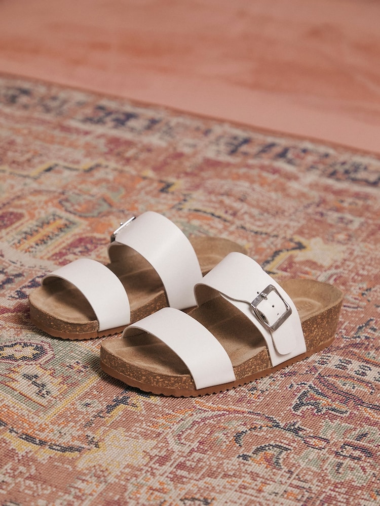 JD Williams White Leather Buckle Footbed Mule Sandals In Extra Wide Fit - Image 3 of 3