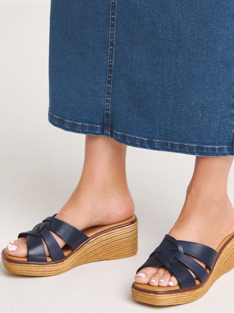 JD Williams Blue Extra Wide Fit Leather Wedge Mules - Image 1 of 4 JD Williams Blue Extra Wide Fit Leather Wedge Mules - Image 1 of 4