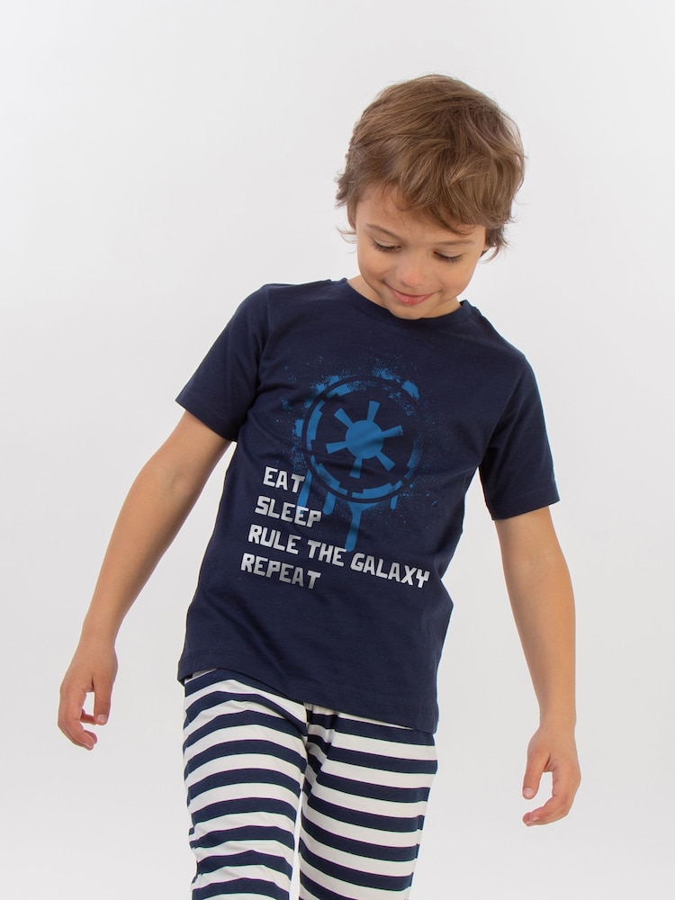 Brands In Blue Boys Star Wars Eat Sleep Repeat Stripes 100% Cotton Pyjamas - Image 1 of 3