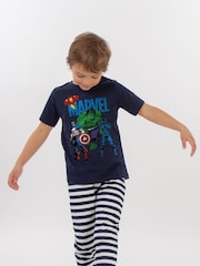 Brands In Blue Boys Marvel Avengers Assemble Stripes 100% Cotton Pyjamas - Image 1 of 3