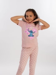 Brands In Pink Lilo And Stitch Flowers Girls Baby Hearts 100% Cotton Pyjamas - Image 1 of 3