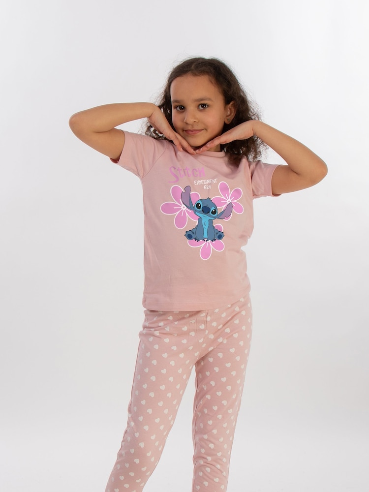 Brands In Pink Lilo And Stitch Flowers Girls Baby Hearts 100% Cotton Pyjamas - Image 1 of 3
