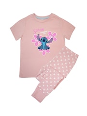 Brands In Pink Lilo And Stitch Flowers Girls Baby Hearts 100% Cotton Pyjamas - Image 2 of 3