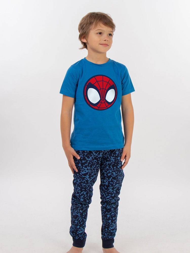 Brands In Blue Boys SpiderMan Icon Royal Camo 100% Cotton Pyjamas - Image 1 of 3