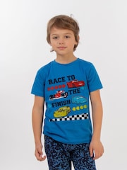 Brands In Blue Boys Cars Race To The Finish Royal Camo 100% Cotton Pyjamas - Image 1 of 4