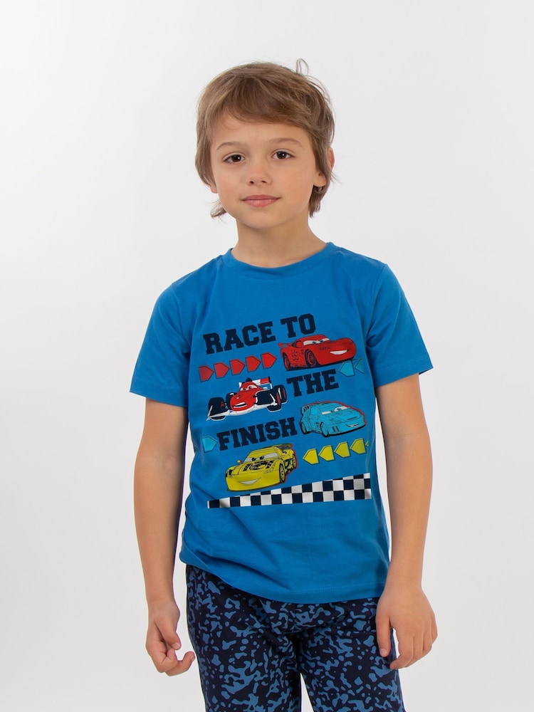 Brands In Blue Boys Cars Race To The Finish Royal Camo 100% Cotton Pyjamas - Image 1 of 4