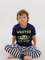 Brands In Blue Boys The Mandalorian Wanted Stripes 100% Cotton Pyjamas - Image 1 of 4