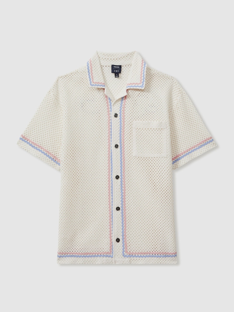 Reiss Ecru Lucas Ché Crochet Contrast Trim Cuban Collar Shirt - Image 2 of 5 Reiss Ecru Lucas Ché Crochet Contrast Trim Cuban Collar Shirt - Image 2 of 5