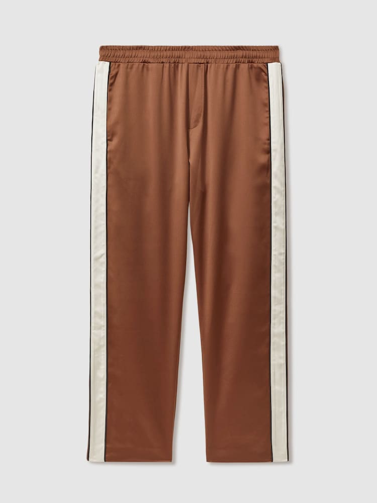 Reiss Tobacco/Ecru Basa Ché Satin Effect Colourblock Drawstring Trousers - Image 2 of 5