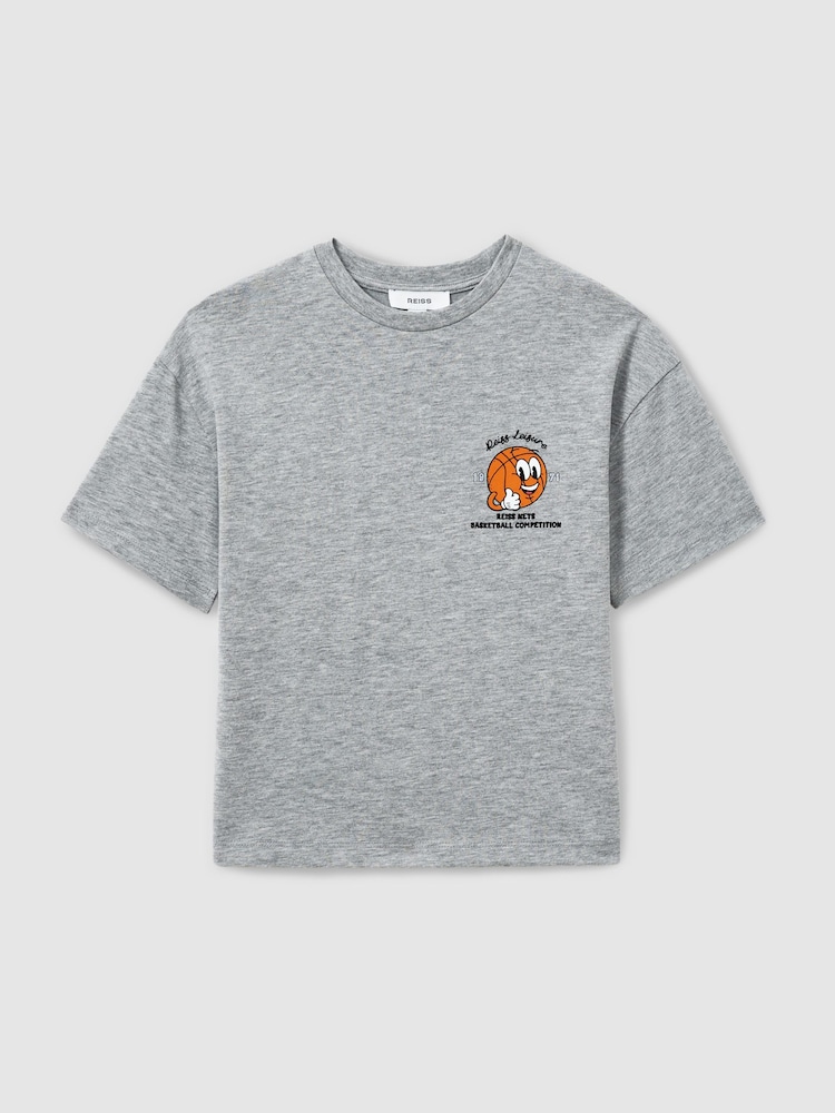 Reiss Grey Melange Nets 9-13 yrs Oversized Cotton Basketball Motif Crew Neck T-Shirt - Image 2 of 5