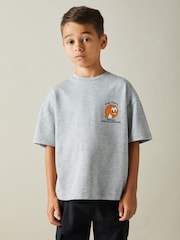 Reiss Grey Melange Nets 9-13 yrs Oversized Cotton Basketball Motif Crew Neck T-Shirt - Image 3 of 5