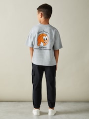 Reiss Grey Melange Nets 9-13 yrs Oversized Cotton Basketball Motif Crew Neck T-Shirt - Image 4 of 5
