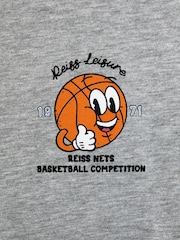Reiss Grey Melange Nets 9-13 yrs Oversized Cotton Basketball Motif Crew Neck T-Shirt - Image 5 of 5