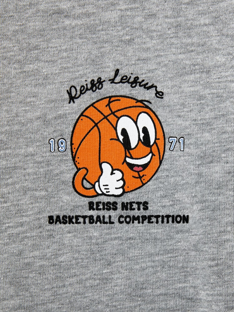 Reiss Grey Melange Nets 9-13 yrs Oversized Cotton Basketball Motif Crew Neck T-Shirt - Image 5 of 5