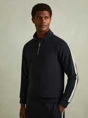 Reiss Navy Chicago Textured Stripe Half-Zip Funnel Neck Sweatshirt - Image 1 of 5