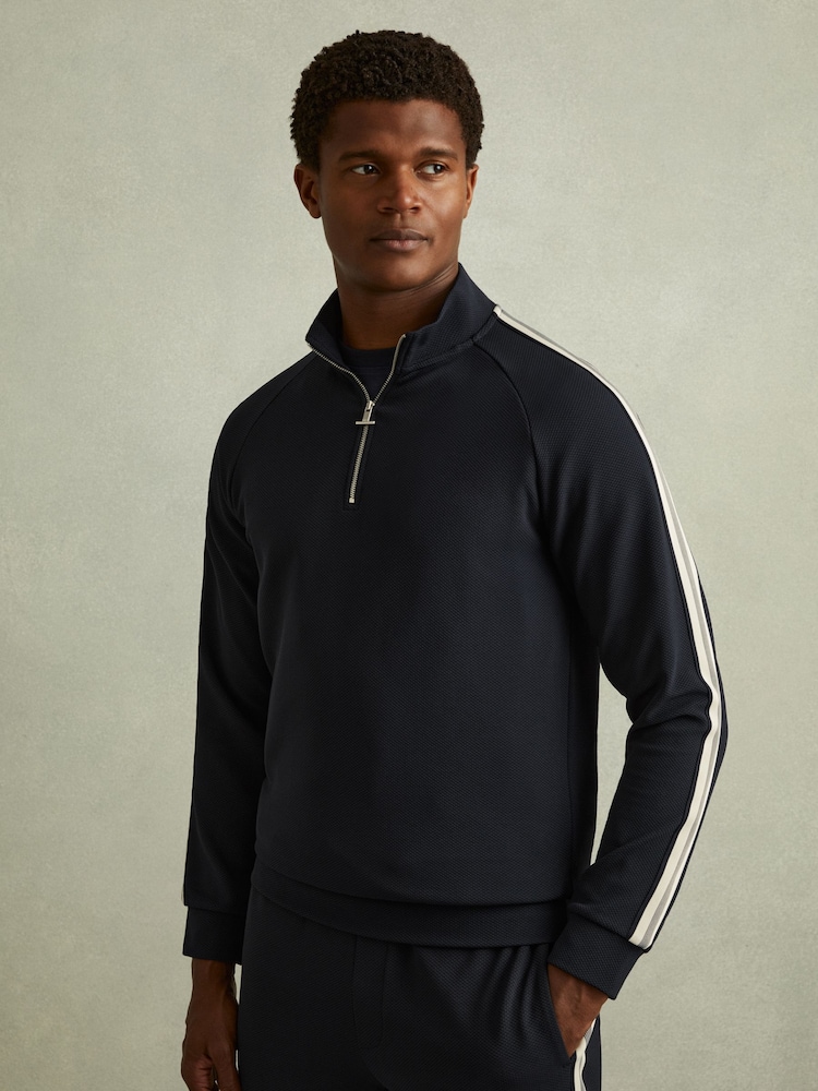 Reiss Navy Chicago Textured Stripe Half-Zip Funnel Neck Sweatshirt - Image 1 of 5