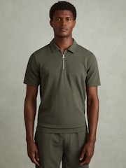Reiss Green Smoke Albany Textured Zip-Neck Polo Shirt - Image 1 of 5