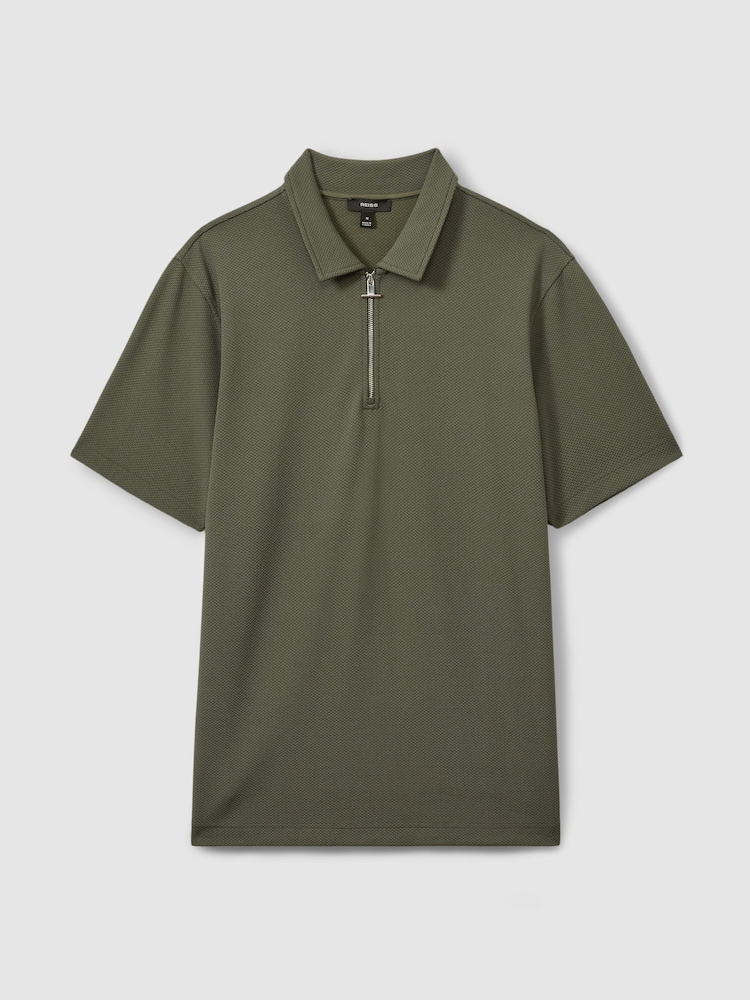 Reiss Green Smoke Albany Textured Zip-Neck Polo Shirt - Image 2 of 5