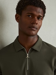 Reiss Green Smoke Albany Textured Zip-Neck Polo Shirt - Image 3 of 5