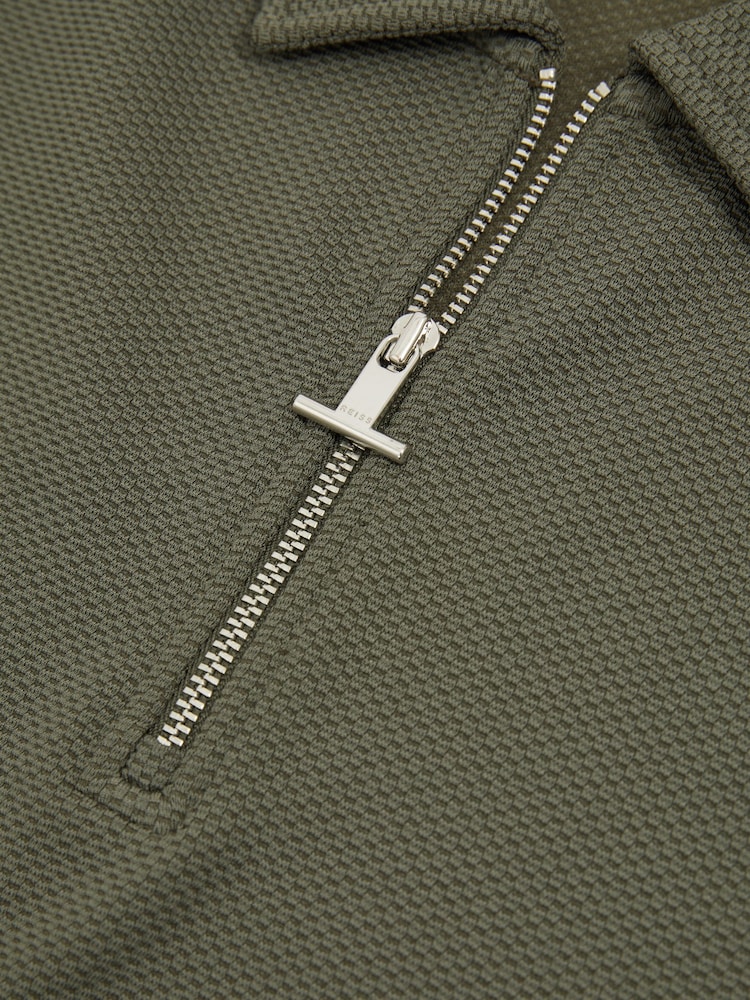 Reiss Green Smoke Albany Textured Zip-Neck Polo Shirt - Image 5 of 5