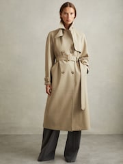 Reiss Khaki Darcie Double Breasted Belted Trench Coat - Image 1 of 8