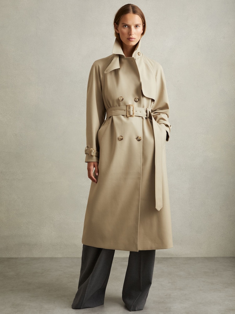 Reiss Khaki Darcie Double Breasted Belted Trench Coat - Image 1 of 8
