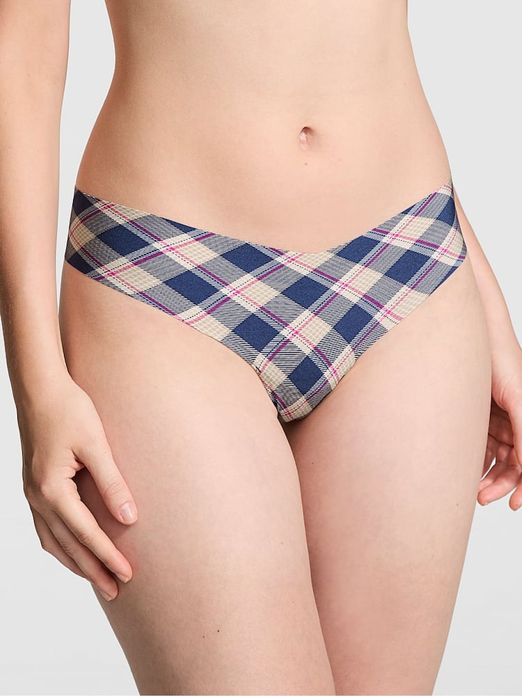 Victoria's Secret PINK Blue Navy Plaid Print Thong Knickers - Image 1 of 3