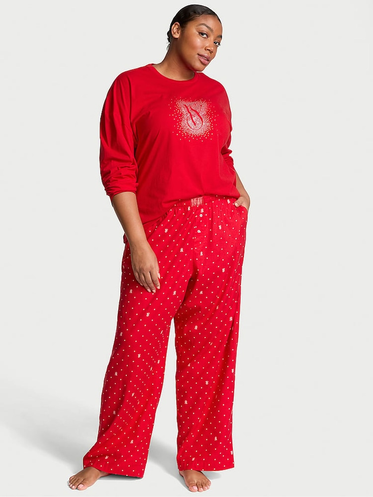 Victoria's Secret Lipstick Red Pin Dot Long Sleeve T-Shirt Flannel Pyjama Set - Image 1 of 1