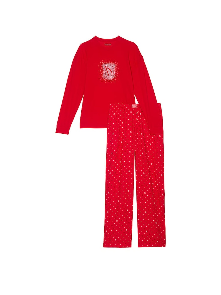 Victoria's Secret Lipstick Red Pin Dot Long Sleeve T-Shirt Flannel Pyjama Set - Image 3 of 3 Victoria's Secret Lipstick Red Pin Dot Long Sleeve T-Shirt Flannel Pyjama Set - Image 3 of 3