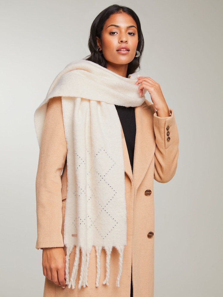 Lipsy Cream Embellished Cosy Embellished Argyle Brushed Scarf - Image 1 of 4 Lipsy Cream Embellished Cosy Embellished Argyle Brushed Scarf - Image 1 of 4