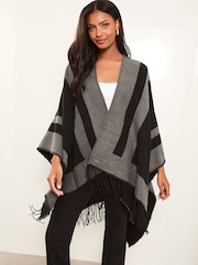 Lipsy Black Cosy Colour Block Cape with Tassels - Image 1 of 4