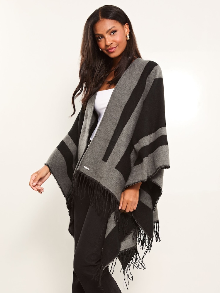 Lipsy Black Cosy Colour Block Cape with Tassels - Image 2 of 4