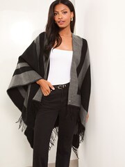 Lipsy Black Cosy Colour Block Cape with Tassels - Image 4 of 4
